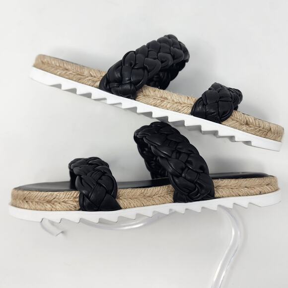 Marc Fisher Sandals Women 7.5M Jaimee Soft Black Leather Braided 2 Strap Slides - Picture 9 of 11